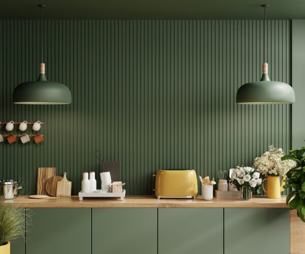 Green kitchen room and minimalist interior design on mockup wood slat wall